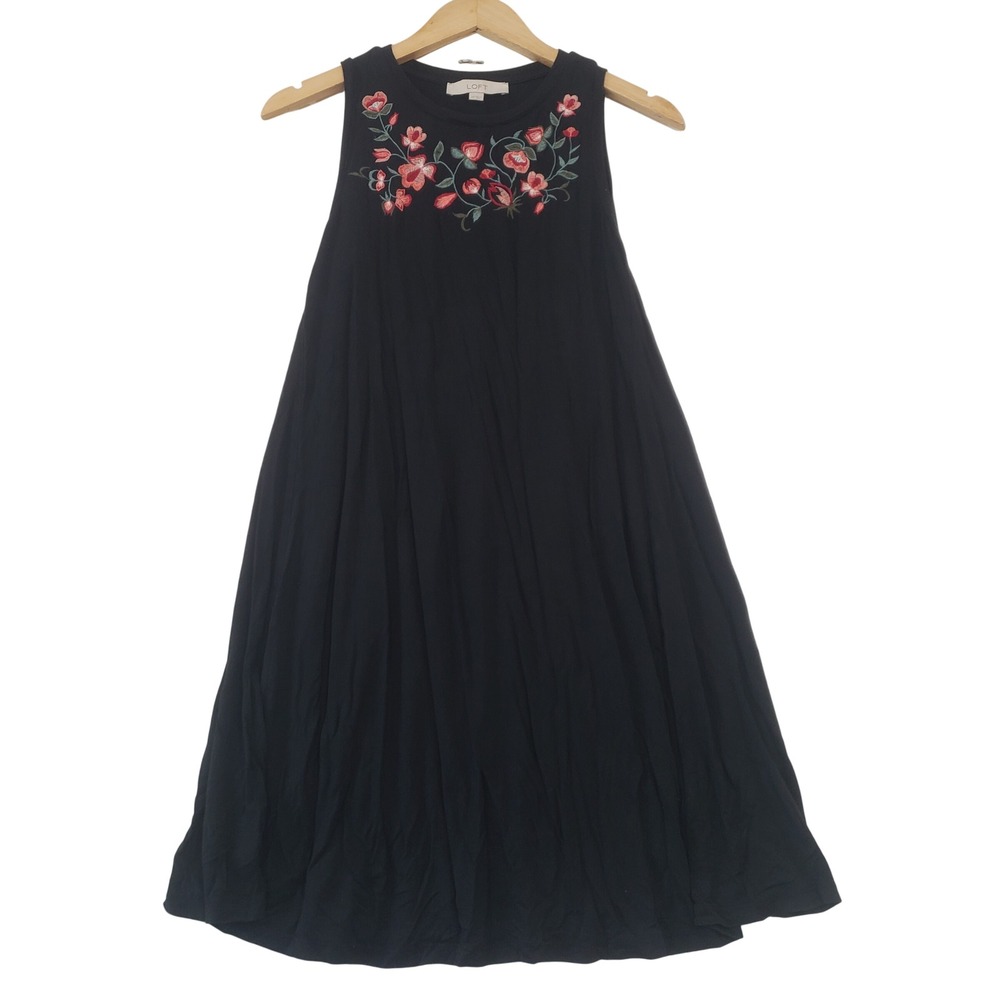 Loft Swing Dress Womens XS Black Floral Embroidered Sleeveless Boho Feminine